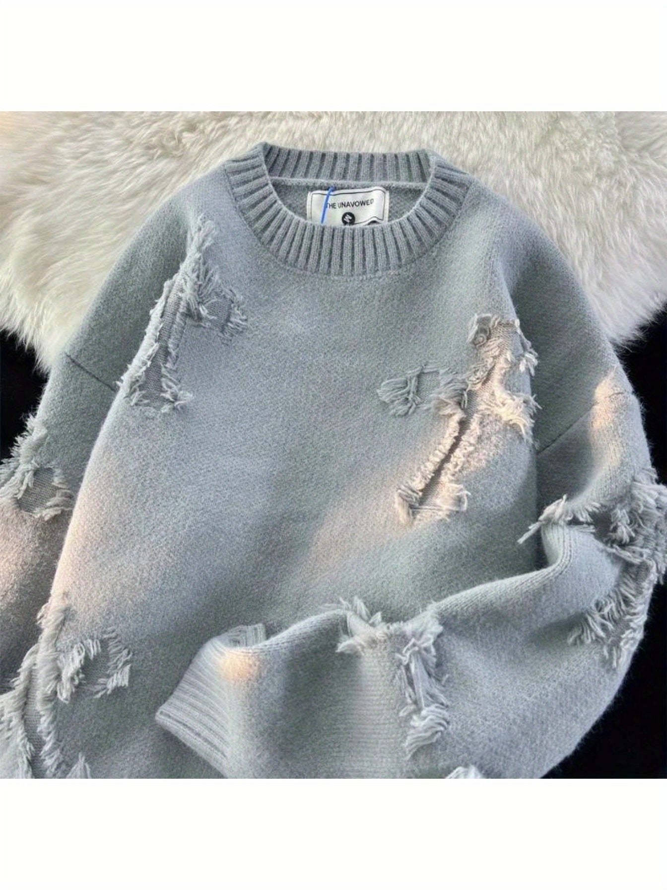 Women's Ripped Crew Neck Pullover Sweater, Distressed Long Sleeve Loose Sweater For Fall & Winter, Women's Clothing