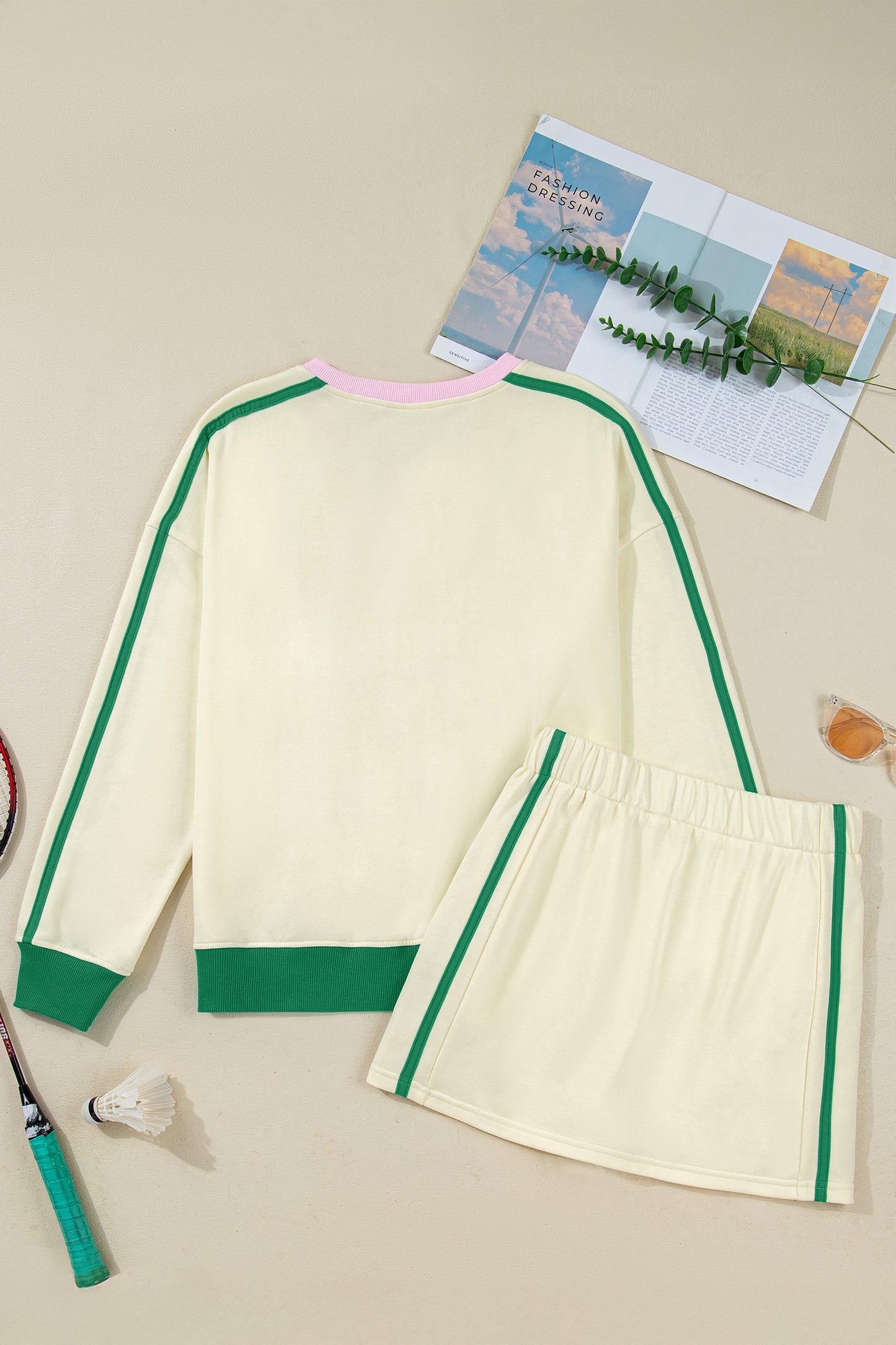 Ribbed Colorblock Trim V Neck Sporty Pullover Mini Skort 2pcs Athleisure Set