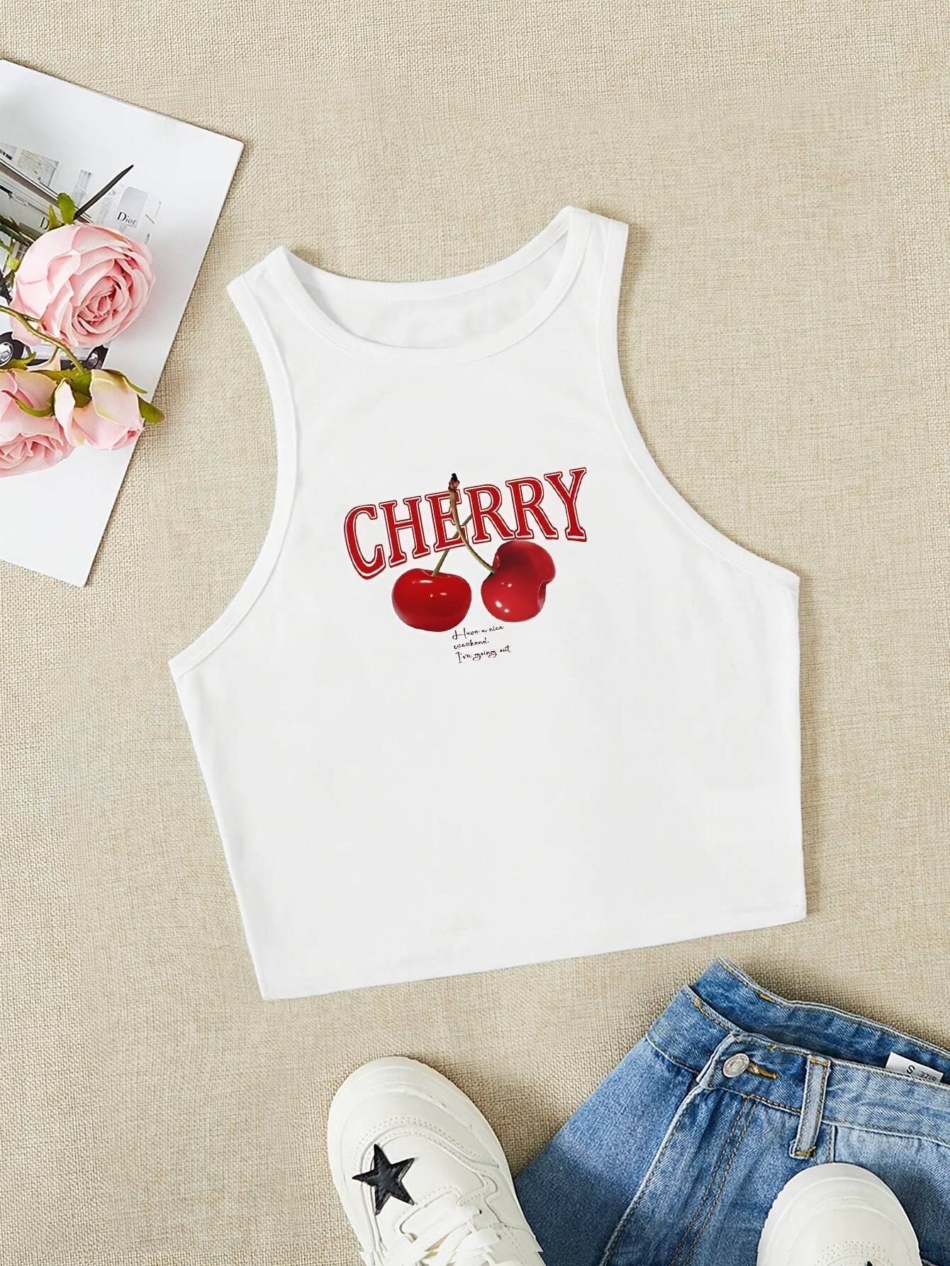 Women's Summer Cherry Print Crew Neck Sleeveless  Tank Top