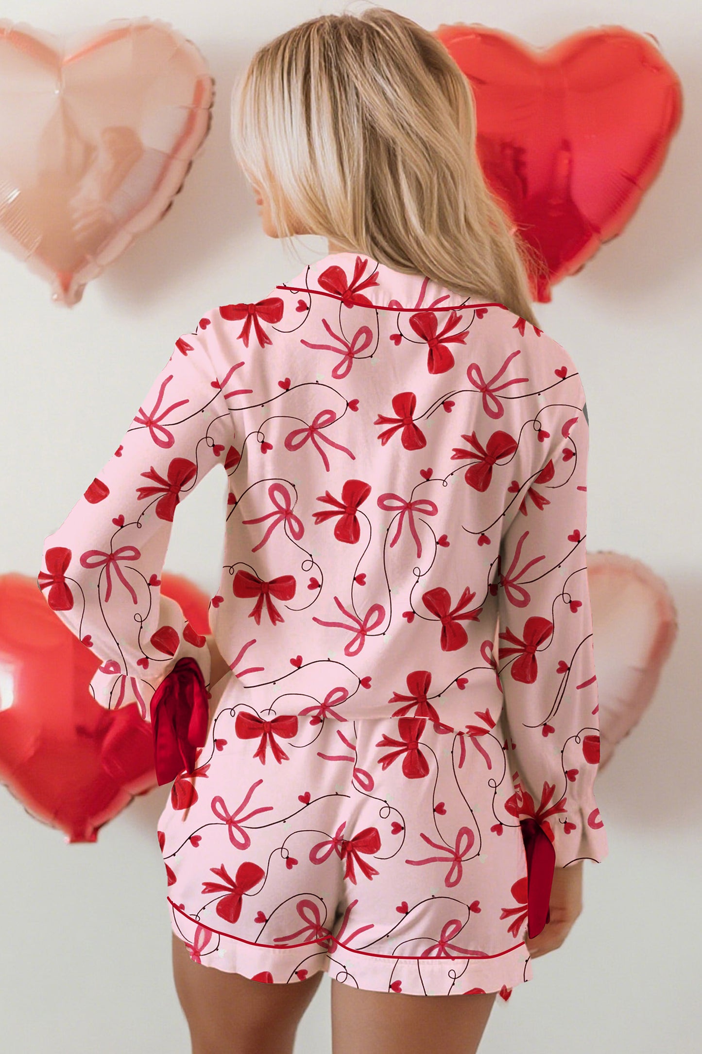 Bow Print Valentine Long Sleeve Shirt & Shorts Pajama Set
