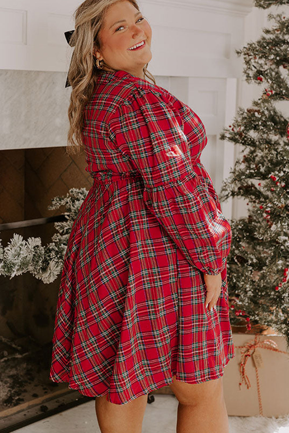 Red Plaid Half Button Long Sleeve Holiday Dress - Plus Size