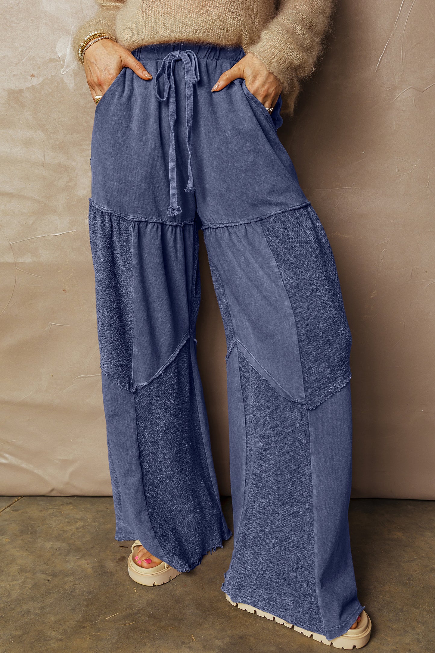 Mineral Wash Tiered Wide Leg Patchwork Drawstring Pants