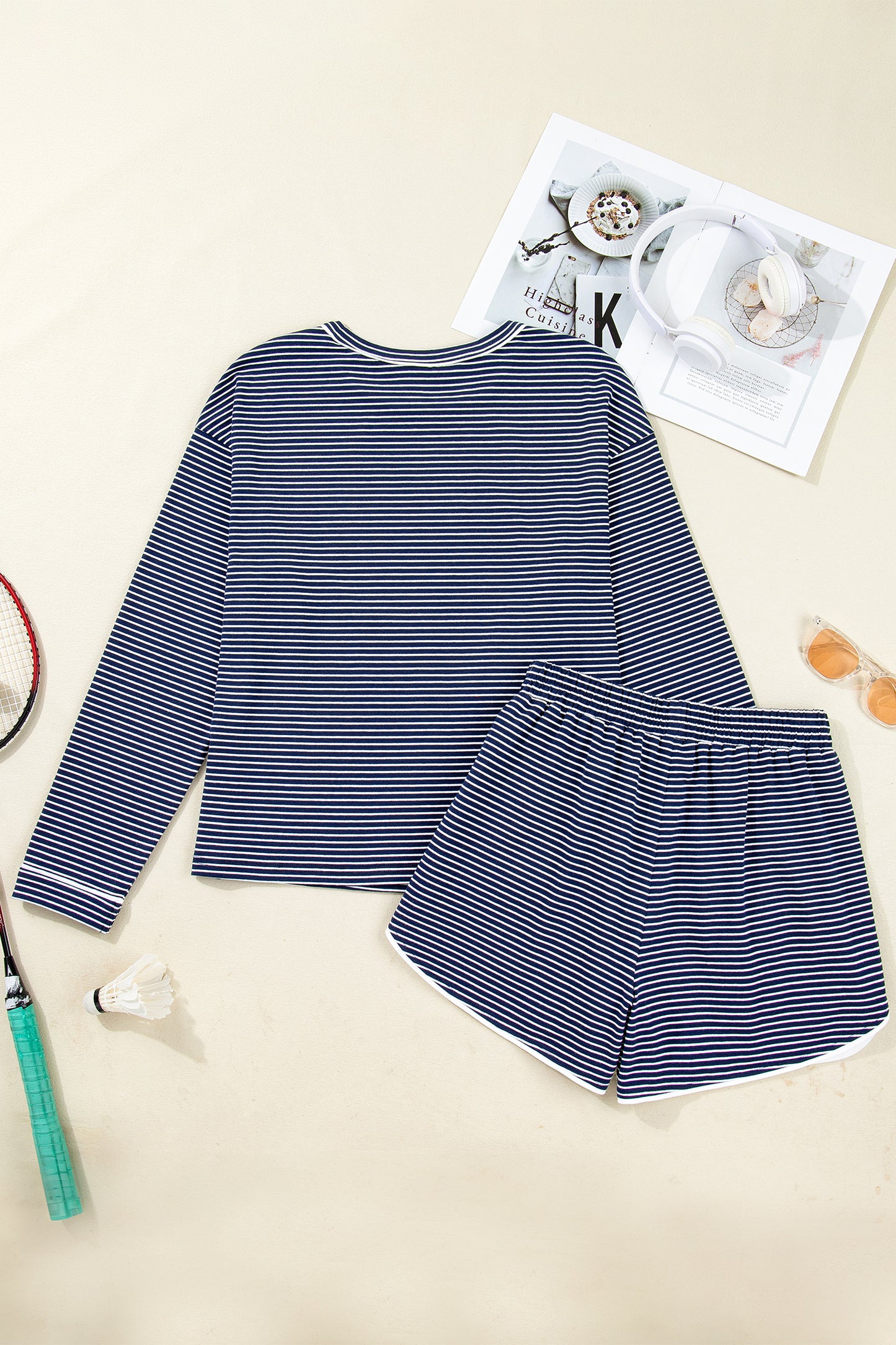Stripe Drop Shoulder Tee and Buttoned Shorts Lounge Set - Blue