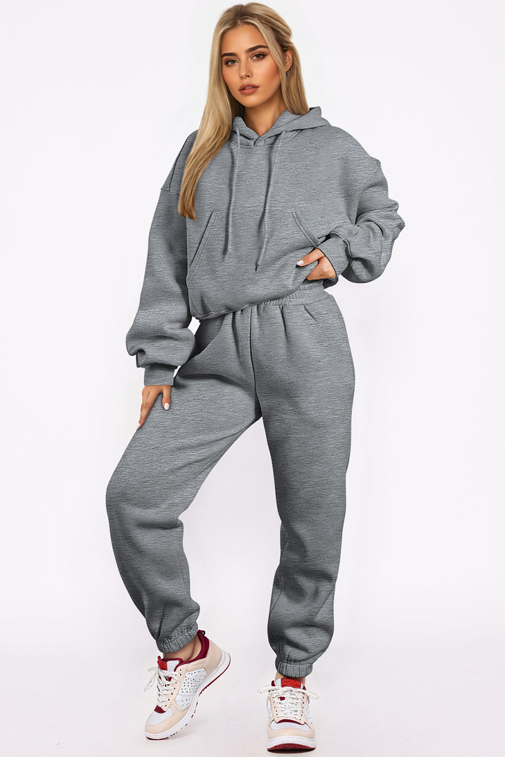 Solid Drop Shoulder Hoodie and Joggers Activewear Set