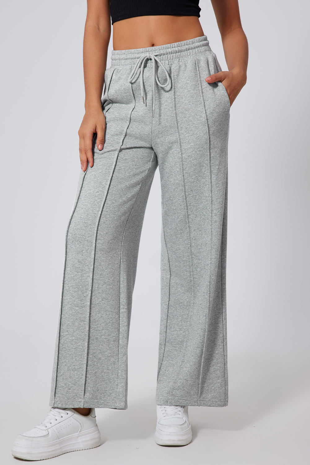 Grey Seamed Drawstring High Waist Wide Leg Sweatpants