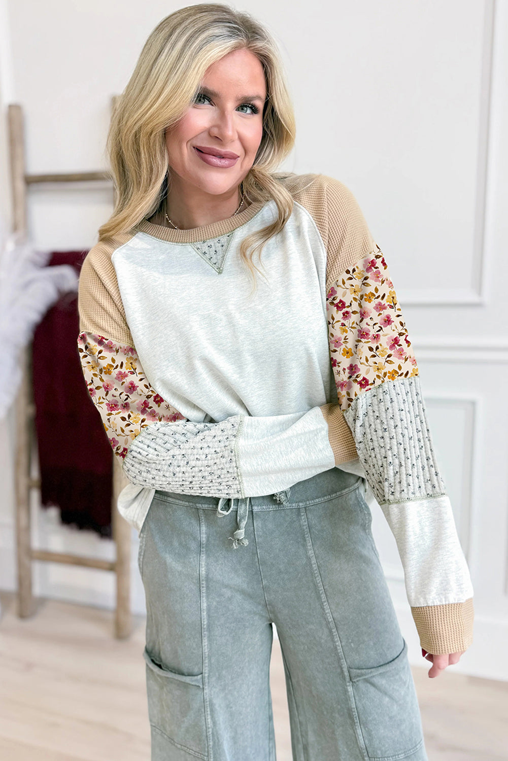 Light Grey Mixed Print Raglan Sleeve Patchwork Pullover Top