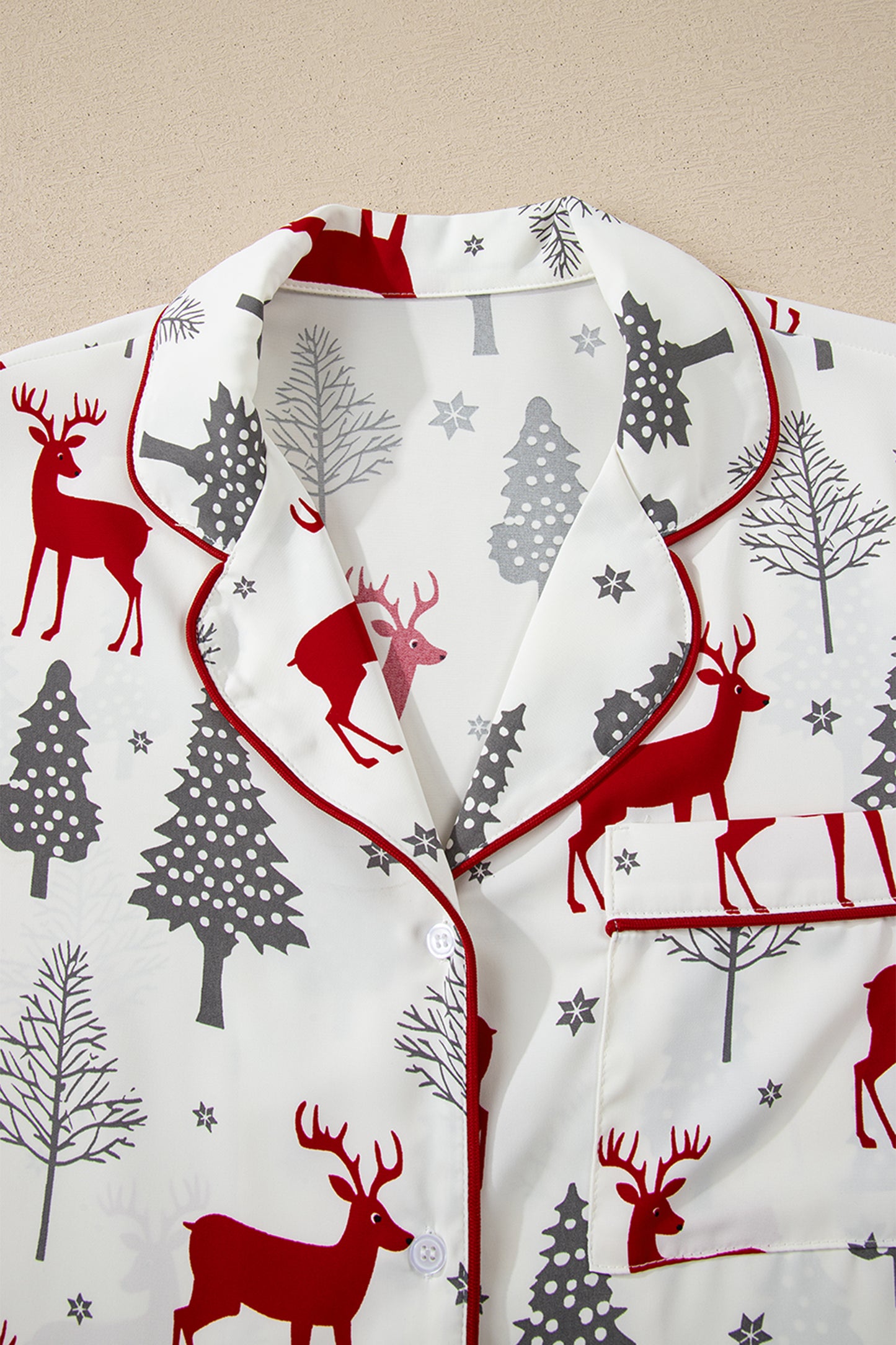 Christmas Print Velvet Trim Bow Knot Pajama Short Set