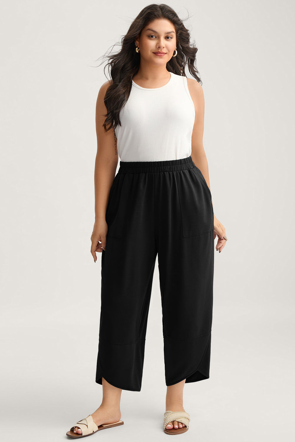 Plus Size Elastic Waist Asymmetrical Hem Loose Capris Pants