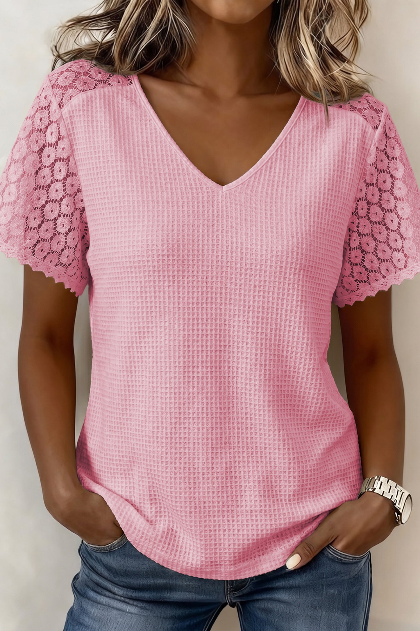 Lace Trim Button Cutout V-Neck Waffle Knit Blouse