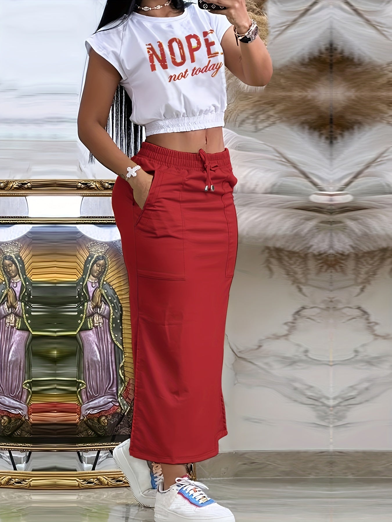 Women's Casual Slim Two-piece Skirt Set, "NOPE not today" Letter Print Short Sleeve Top & Drawstring Split Thigh Pockets Skirt Outfit