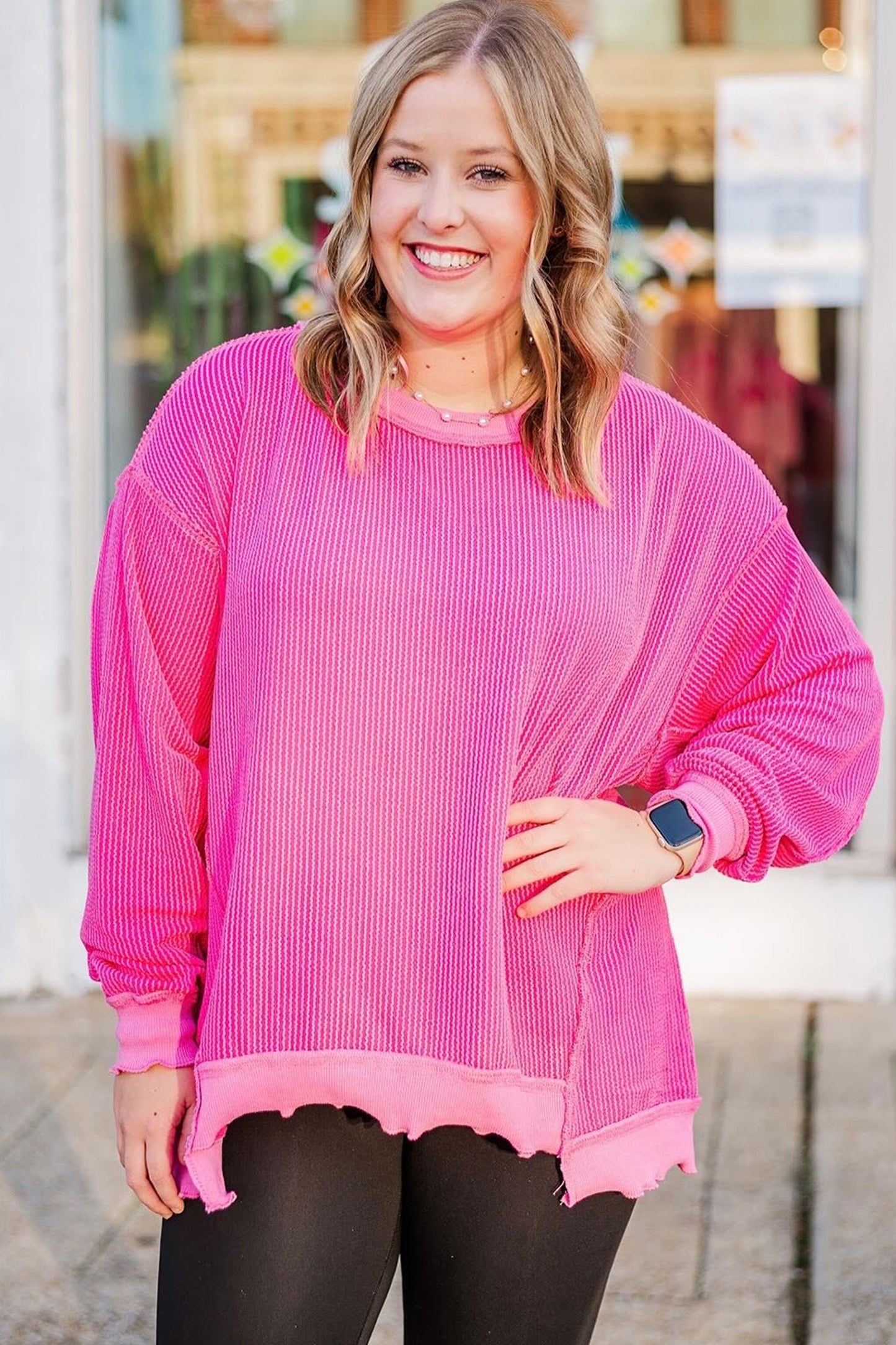 Drop Shoulder Uneven Hem Plus Size Twisted Rib Top