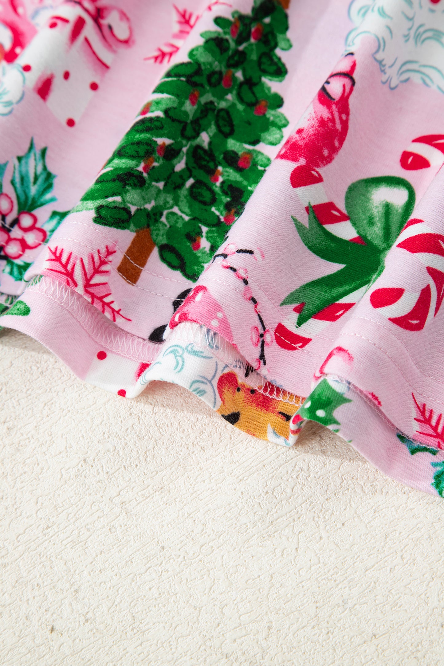 Pink Christmas Pattern Button V Neck Pullover and Drawstring Pants Lounge Set