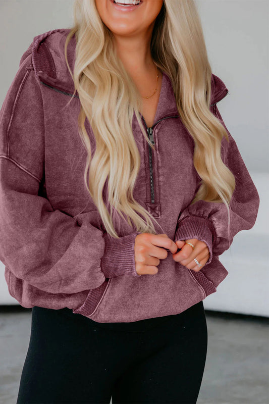 Half Zip Kangaroo Pocket Mineral Wash Baggy Hoodie