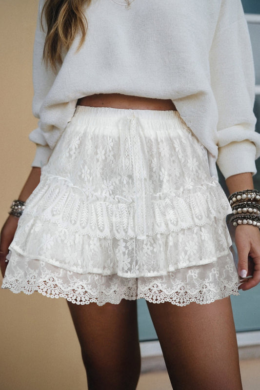 Lace Ruffle Tiered Drawstring Elastic Waist Sweet Shorts