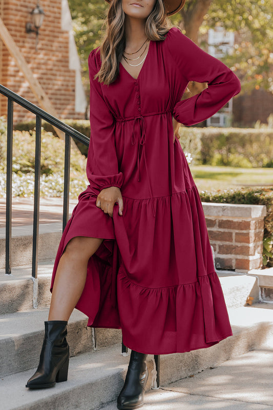 Solid Long Sleeve Button V Neck Tiered Maxi Dress