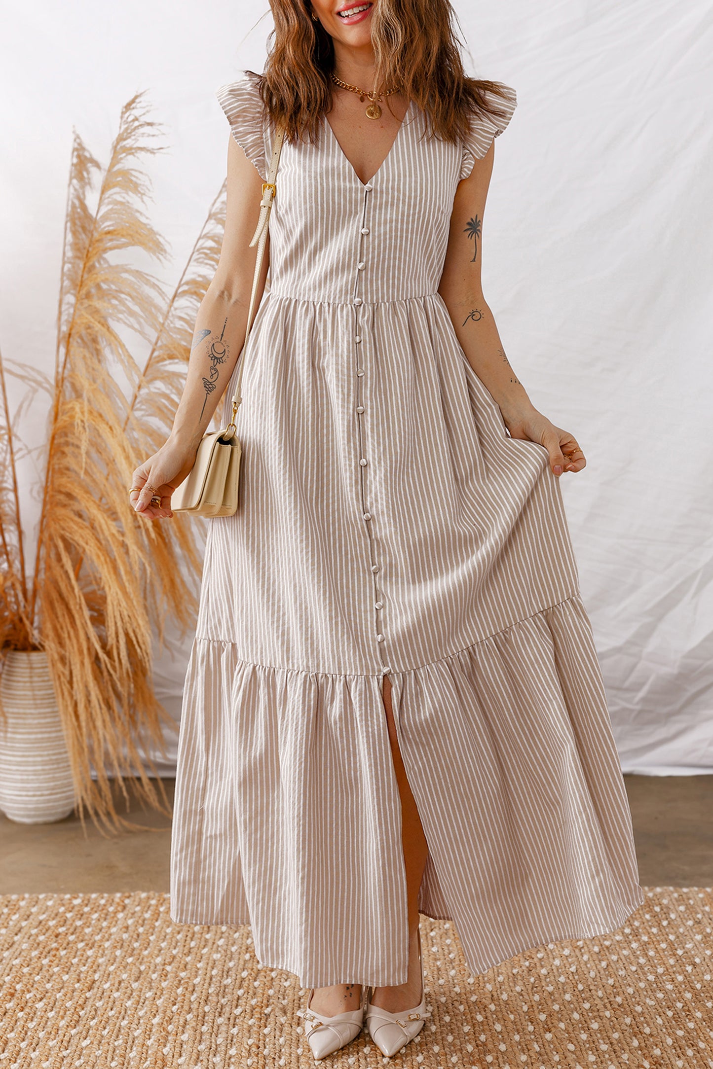 Striped Flutter Sleeve Button Front Maxi Dress