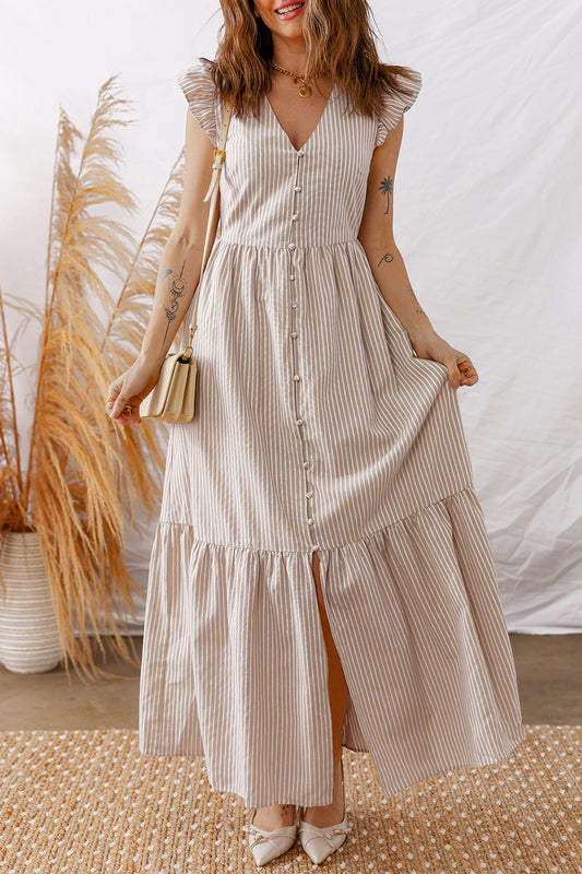 Striped Flutter Sleeve Button Front Maxi Dress