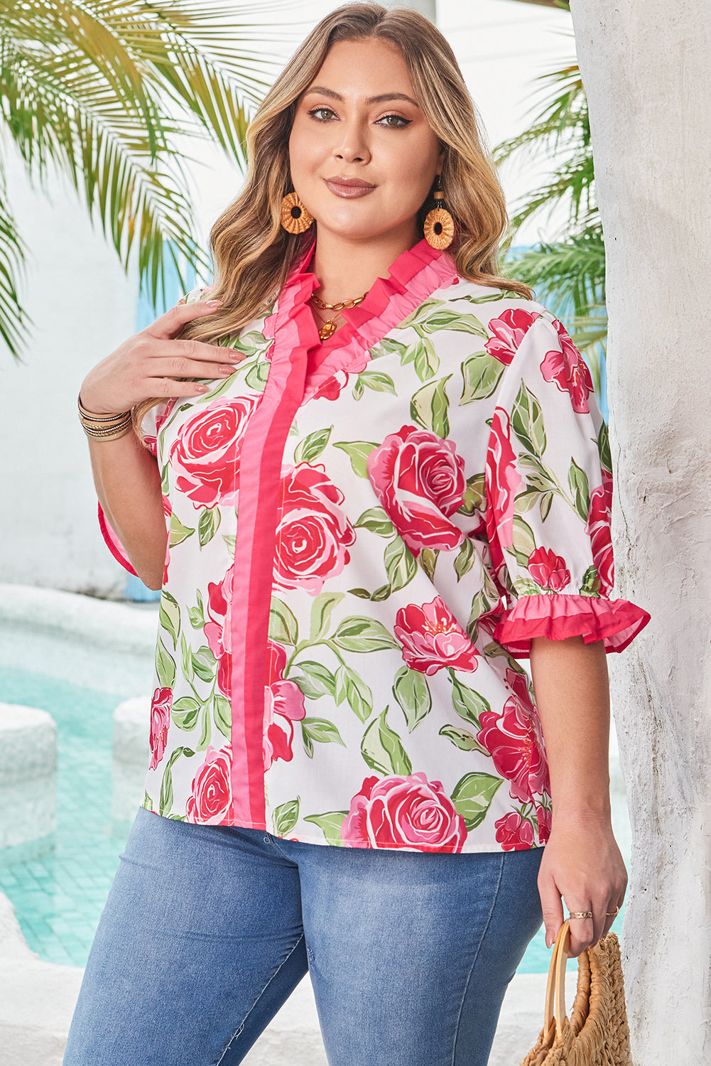 Floral Print Frilled Stripes Detail Short Sleeve Blouse