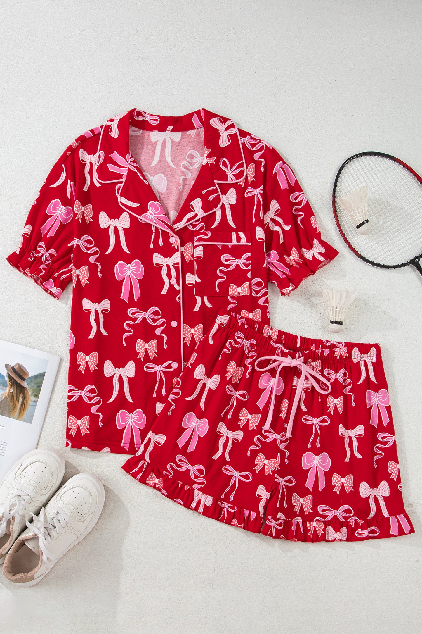 Red Sweet Bow Print Ruffled Short Sleeve Pajama Set