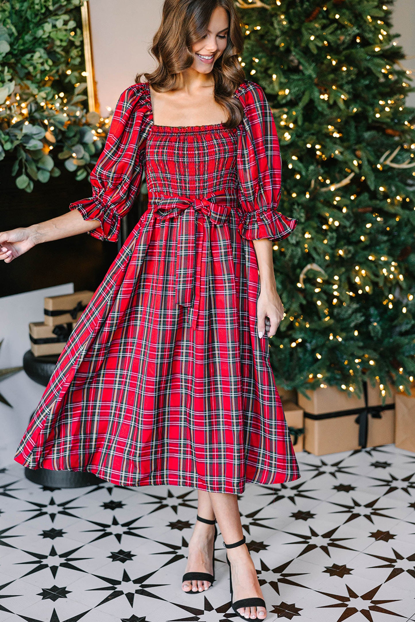 Tartan Plaid Square Neck Puff Sleeve Knot Waist Flared Midi Dress