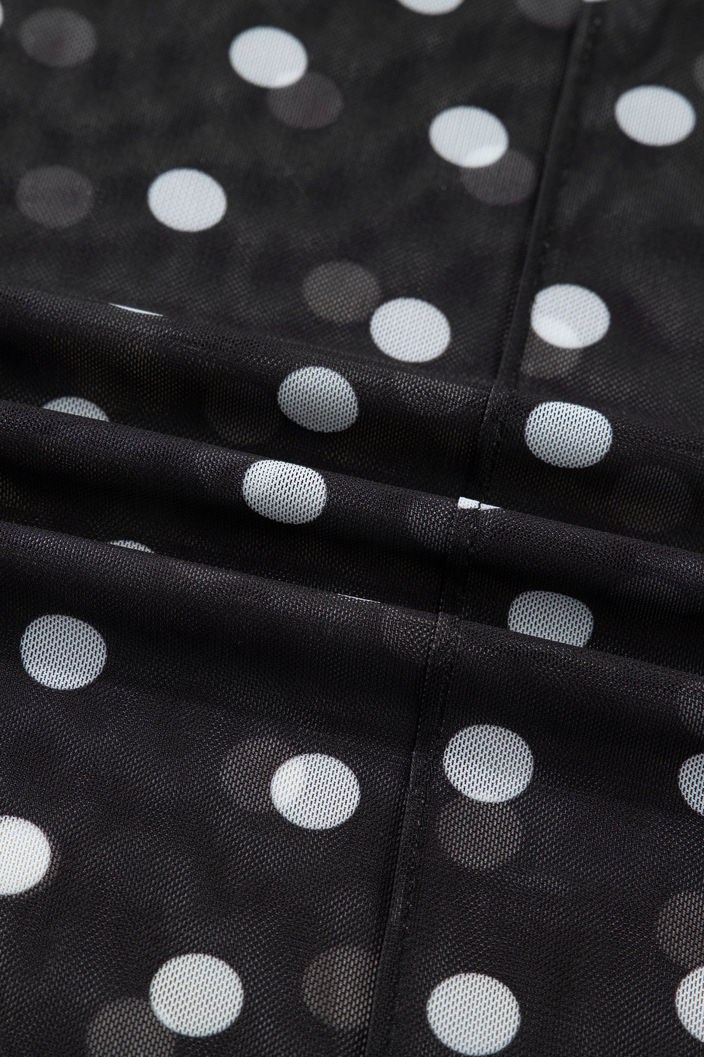 Polka Dot Patterned Bodycon Mock Neck Mesh Long Sleeve Top