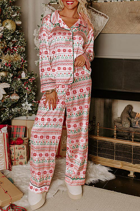 White Christmas Pattern Print Long Sleeve Pajama Set - 2 Piece