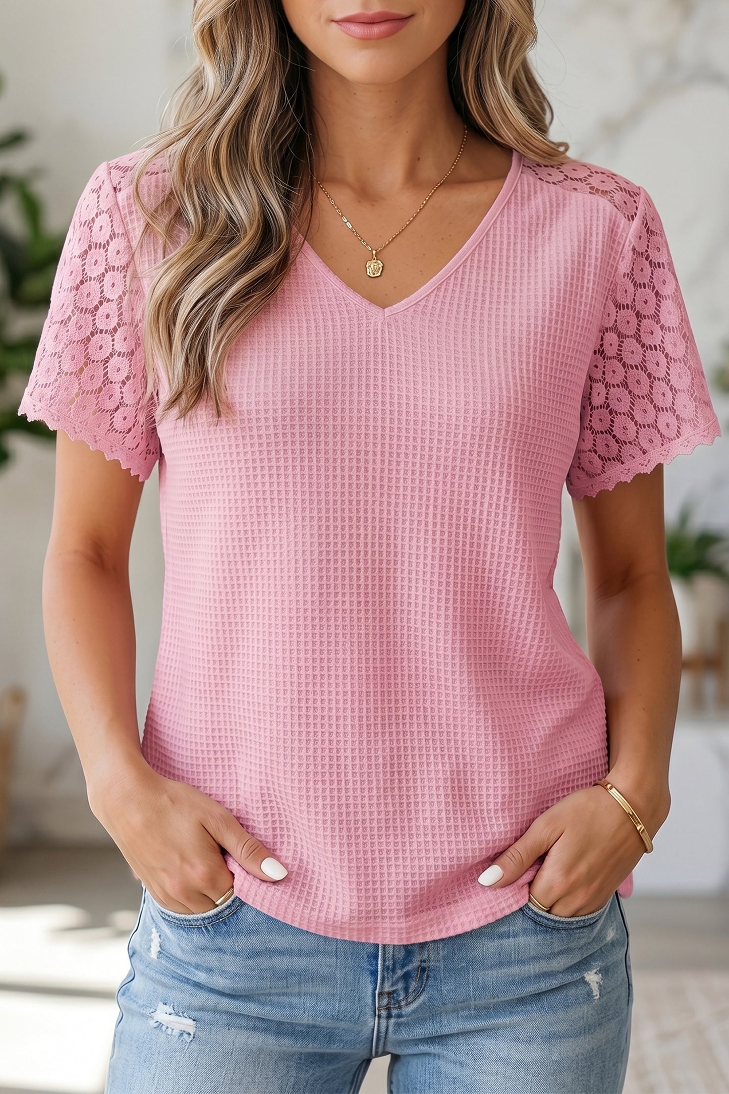 Lace Trim Button Cutout V-Neck Waffle Knit Blouse