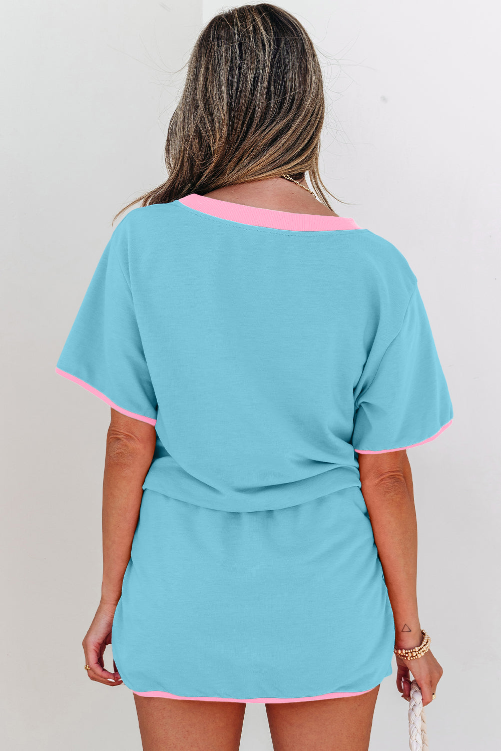 Turquoise Colourblock Edge Drop Shoulder T-Shirt and Skort 2-Piece Set