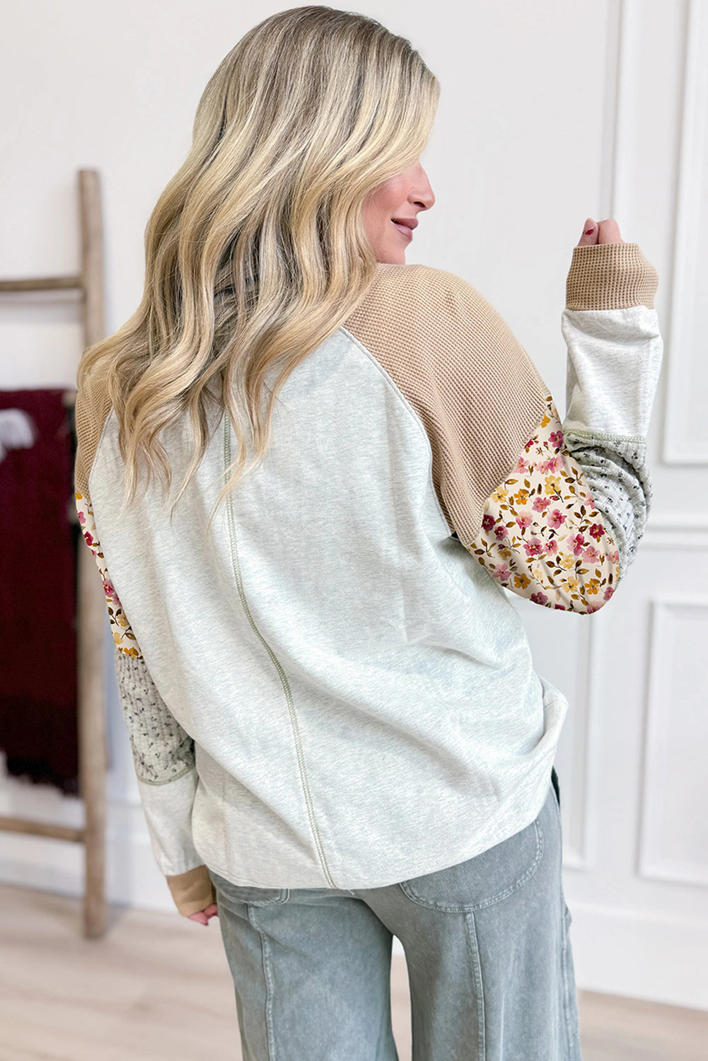 Light Grey Mixed Print Raglan Sleeve Patchwork Pullover Top