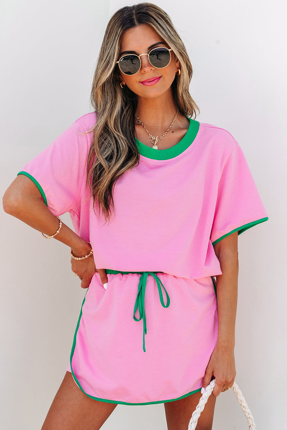 Turquoise Colourblock Edge Drop Shoulder T-Shirt and Skort 2-Piece Set