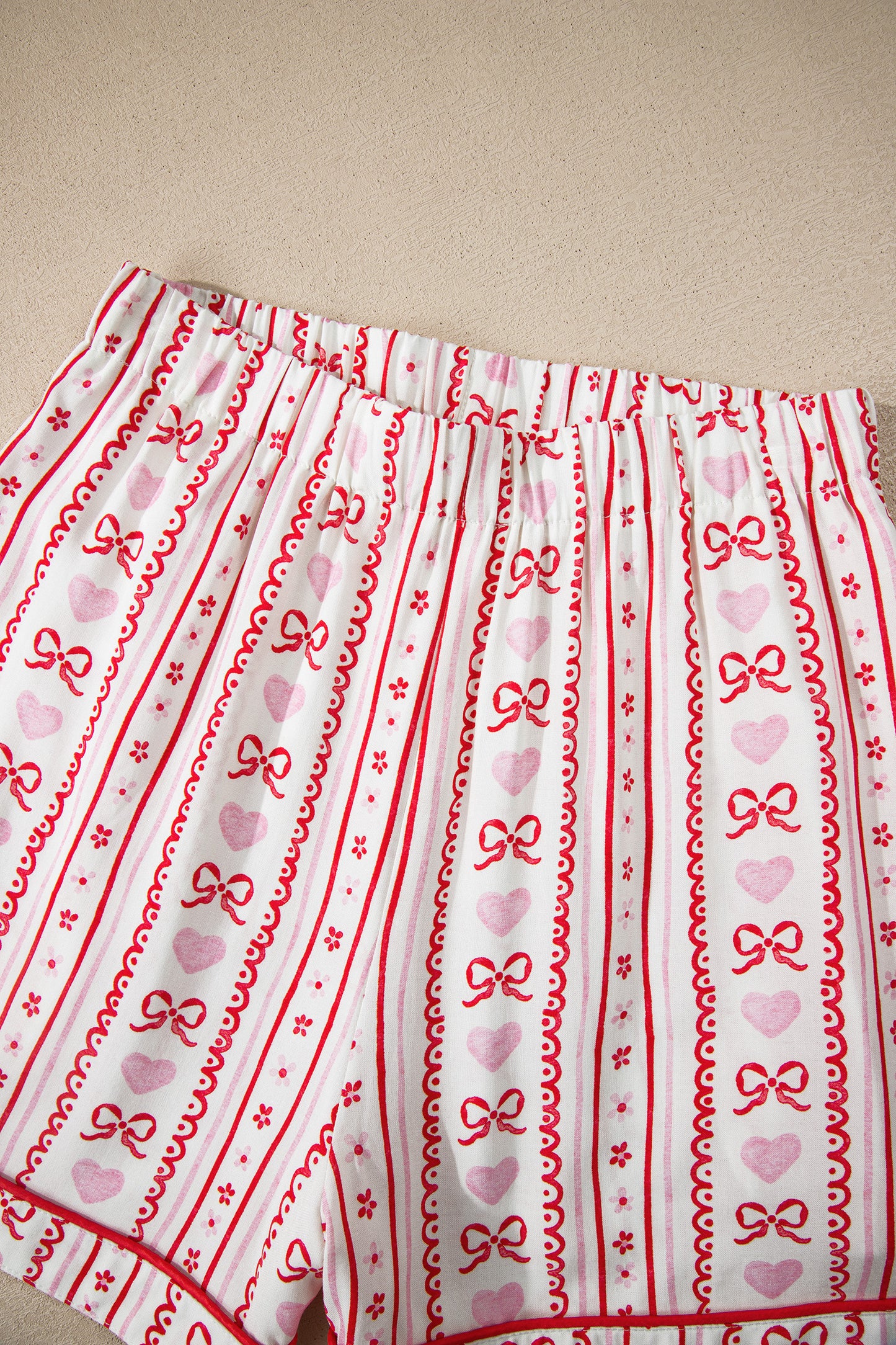 Bow Heart Print Ribbon Decor Short Pajama Set - Red