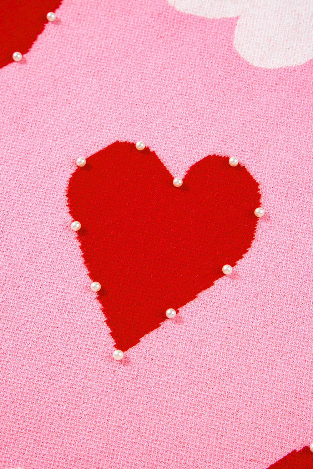 Pearl Embellished Heart Pattern Valentine's Day Sweater