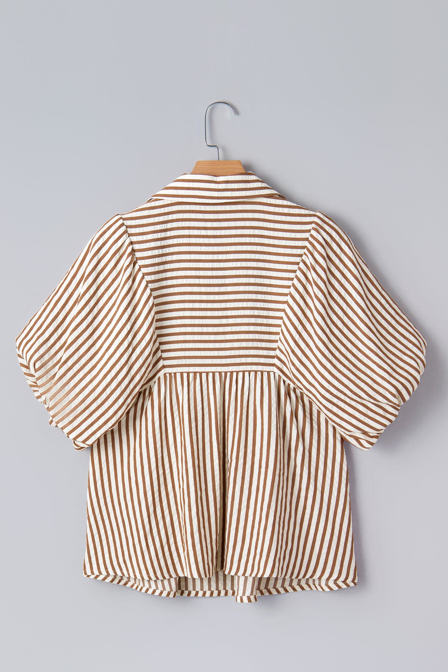 Stripe Shirred V Neck Short Puff Sleeve Blouse