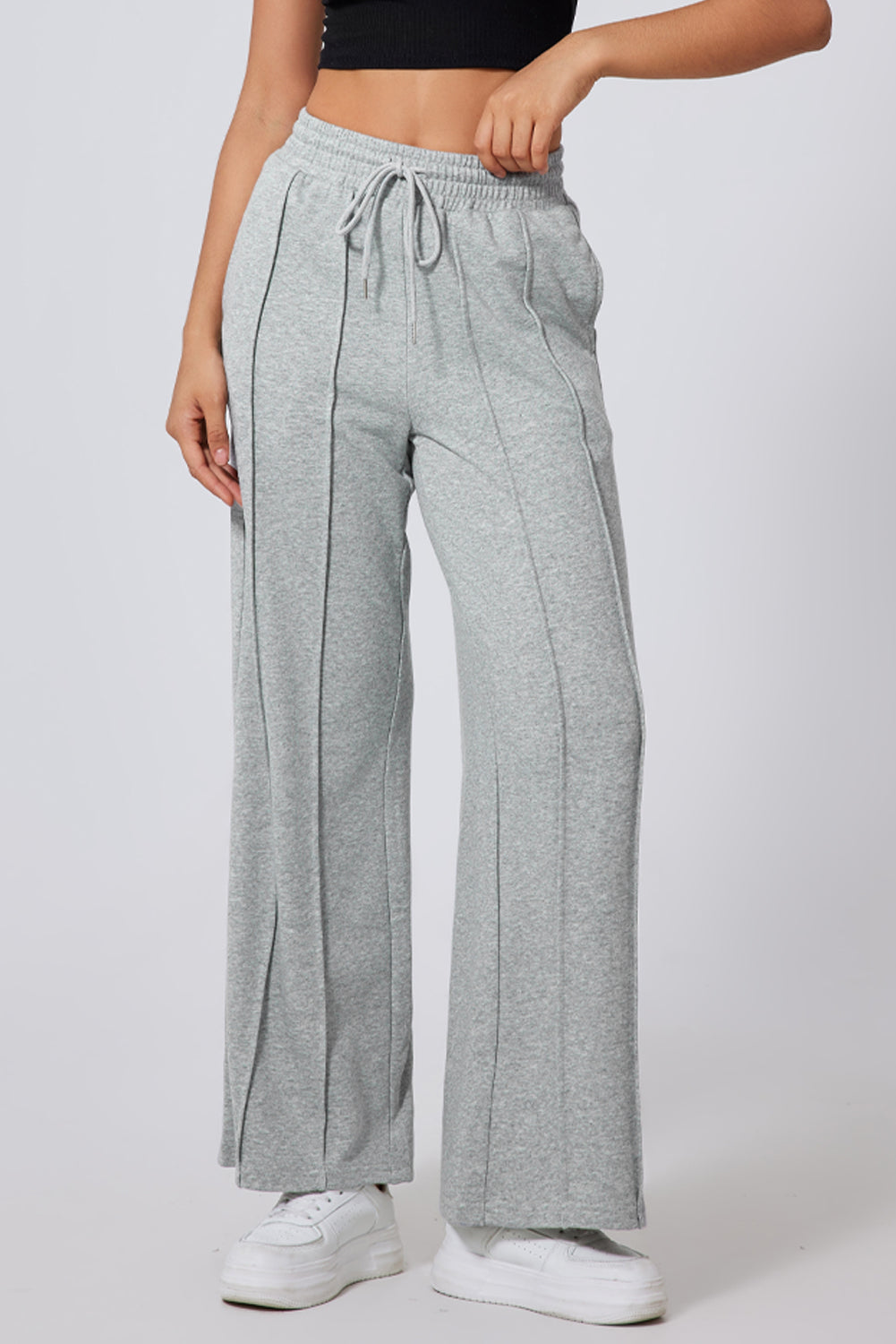 Grey Seamed Drawstring High Waist Wide Leg Sweatpants