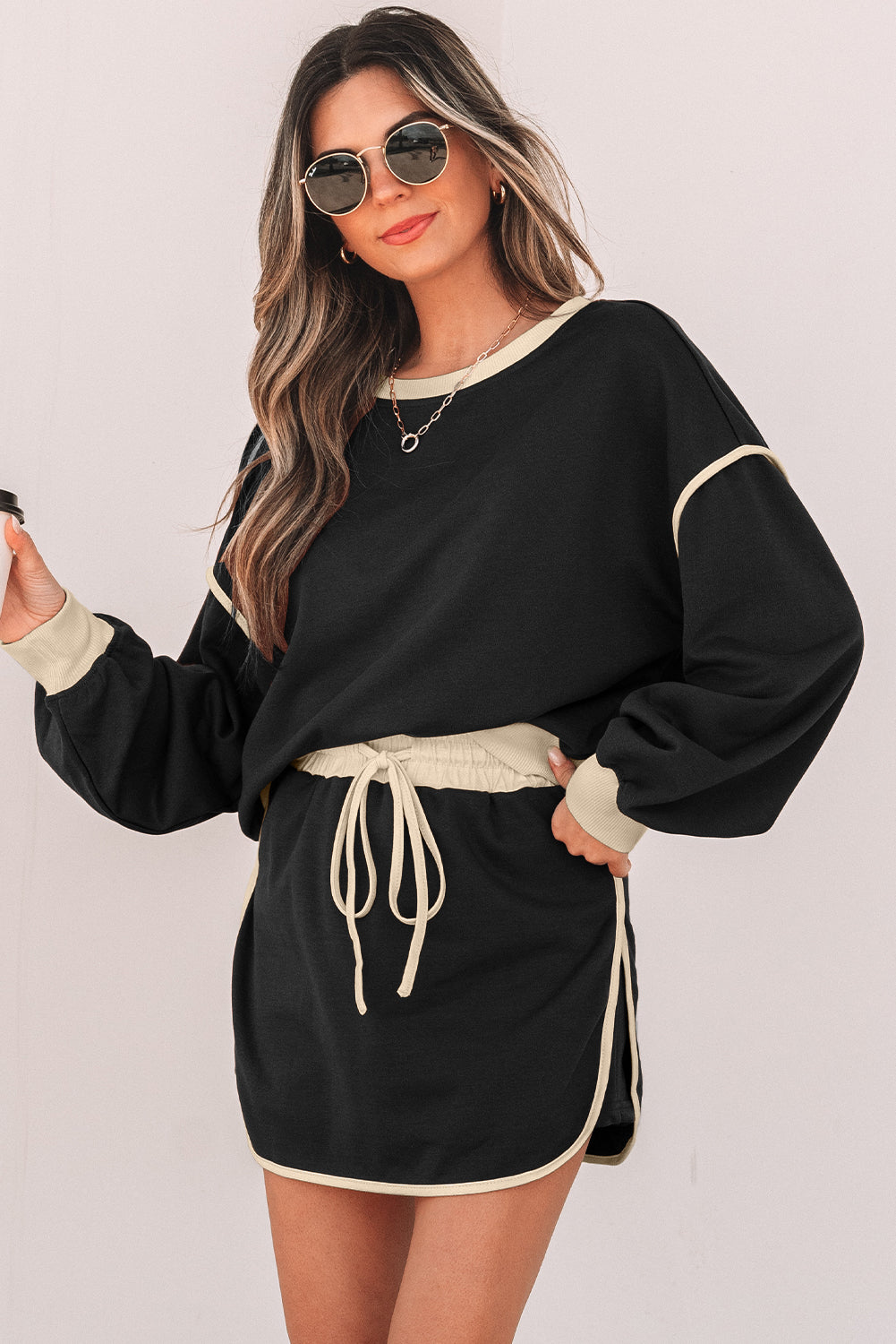 Black Colour Contrast Loose Pullover and Lace-Up Waist Skort Set