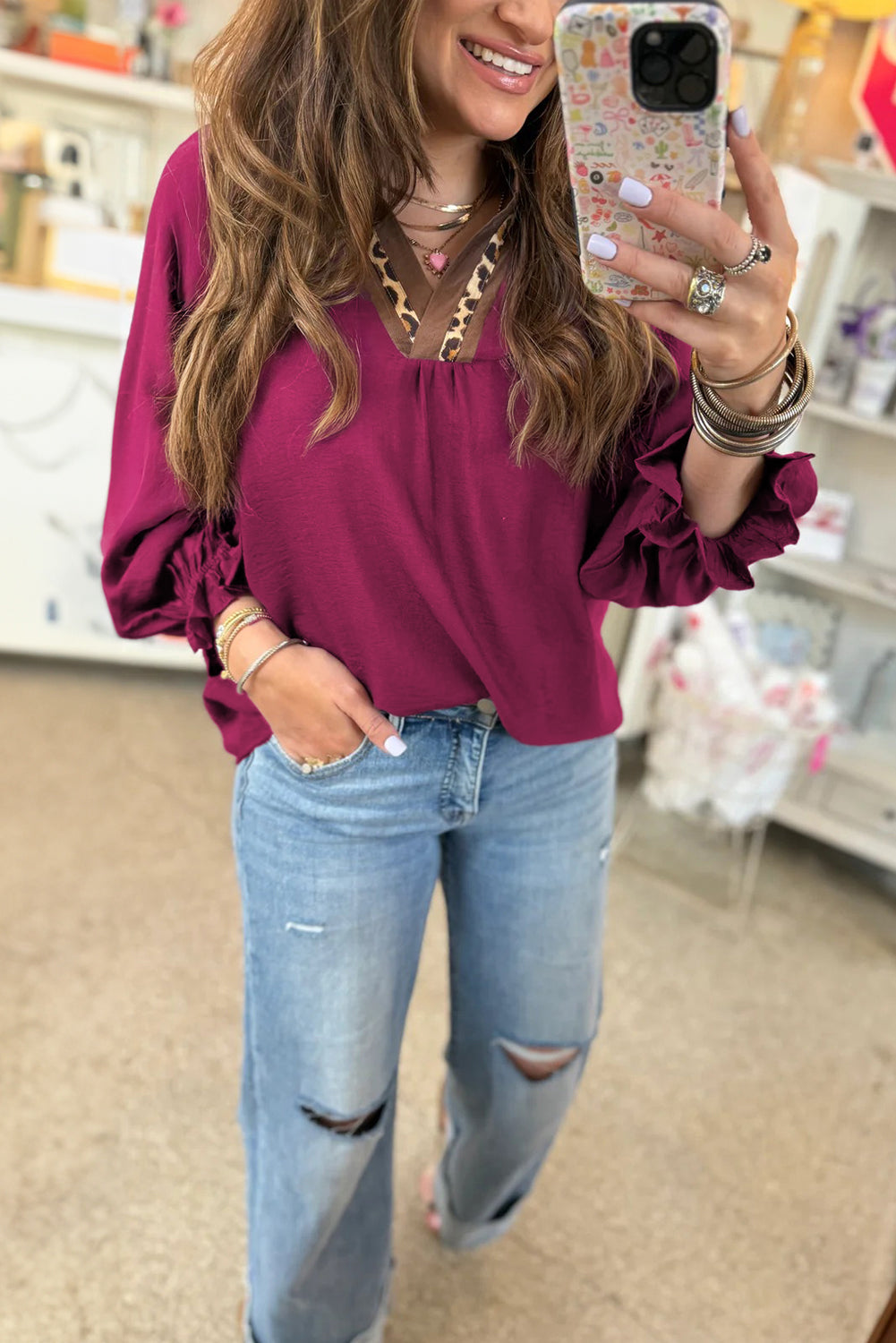 Leopard Trim V Neck Flounced Bracelet Sleeve Blouse