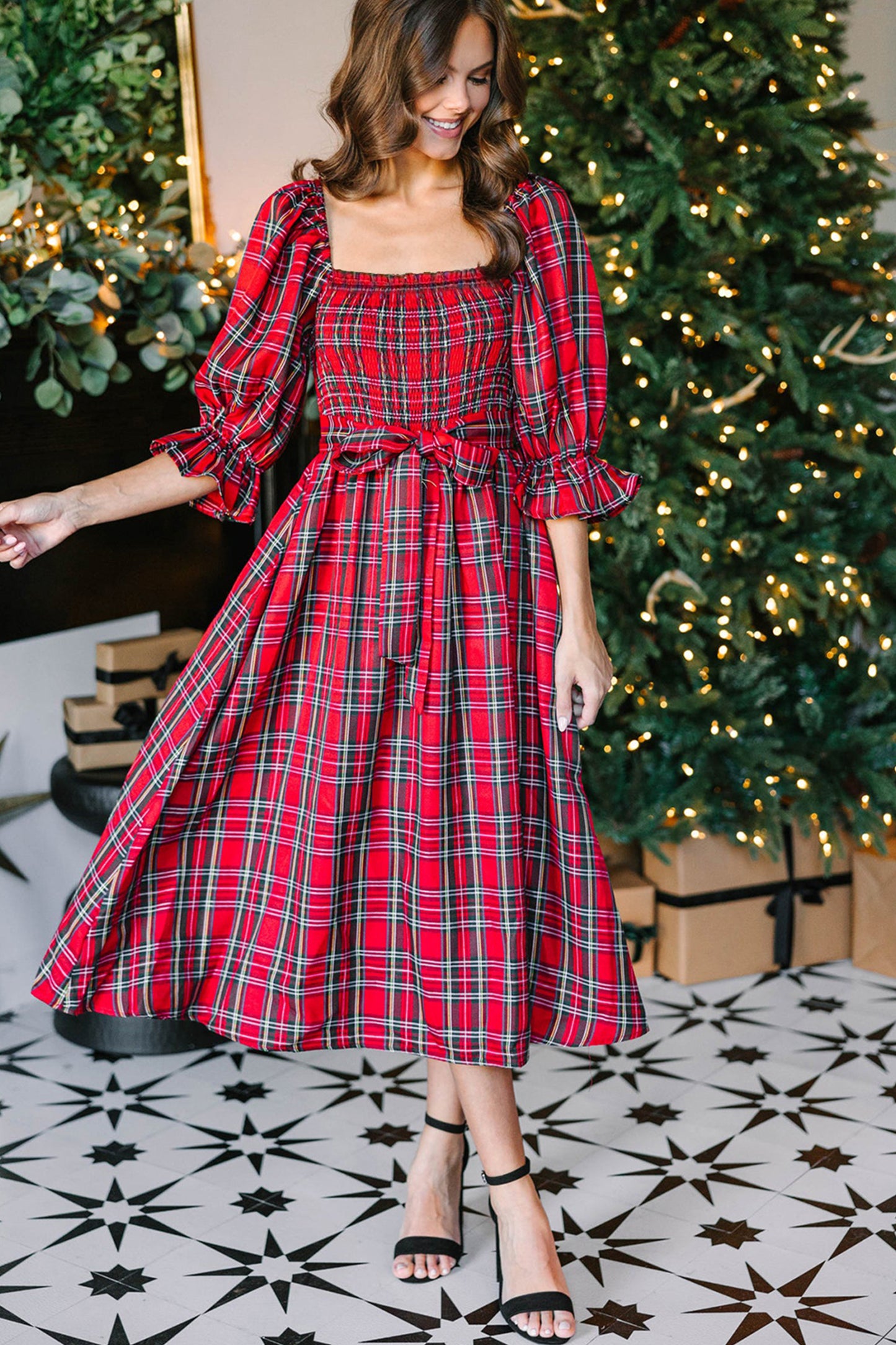 Tartan Plaid Square Neck Puff Sleeve Knot Waist Flared Midi Dress