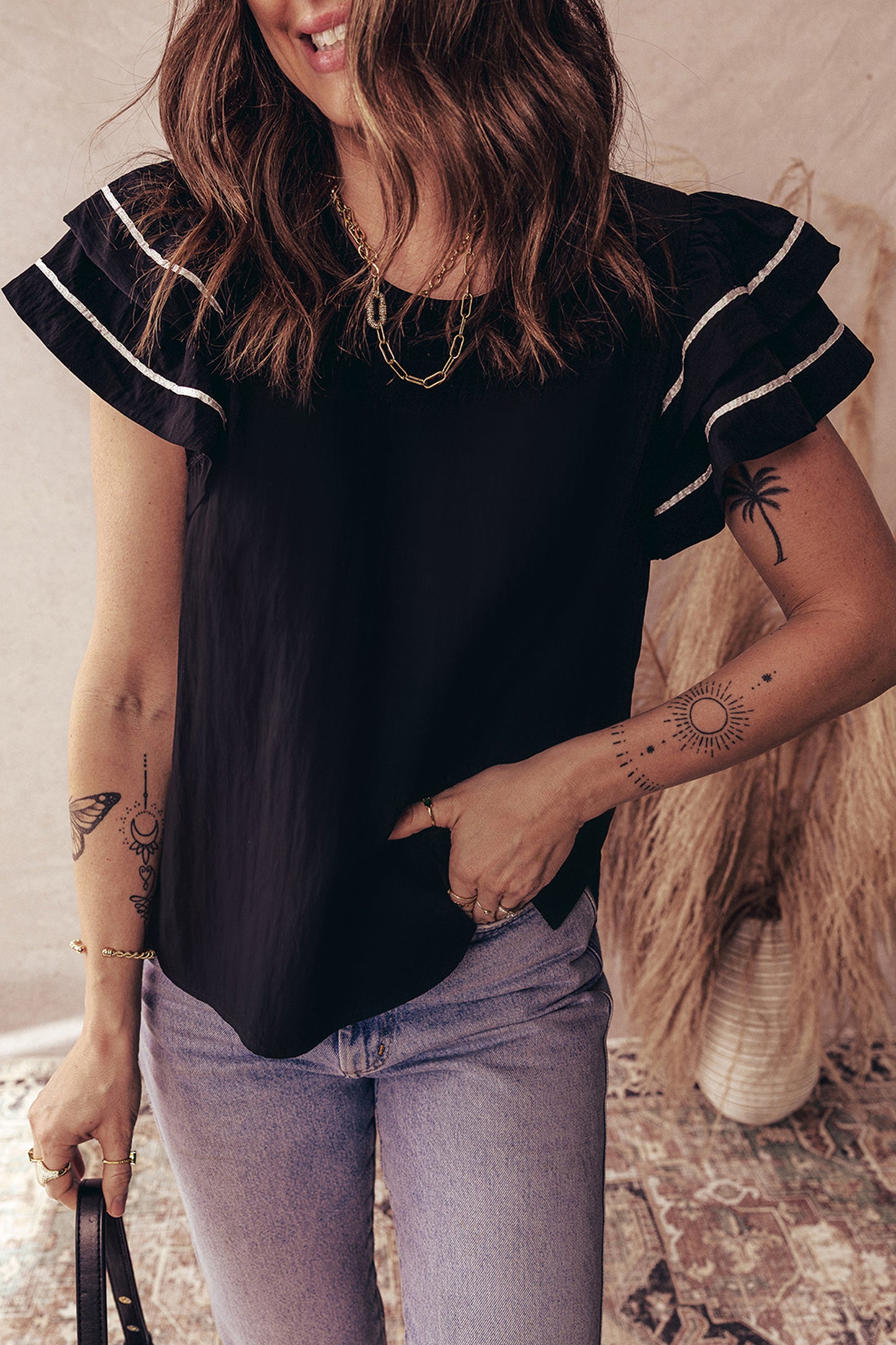 Contrast Trim Dual Ruffle Short Sleeve Textured Blouse