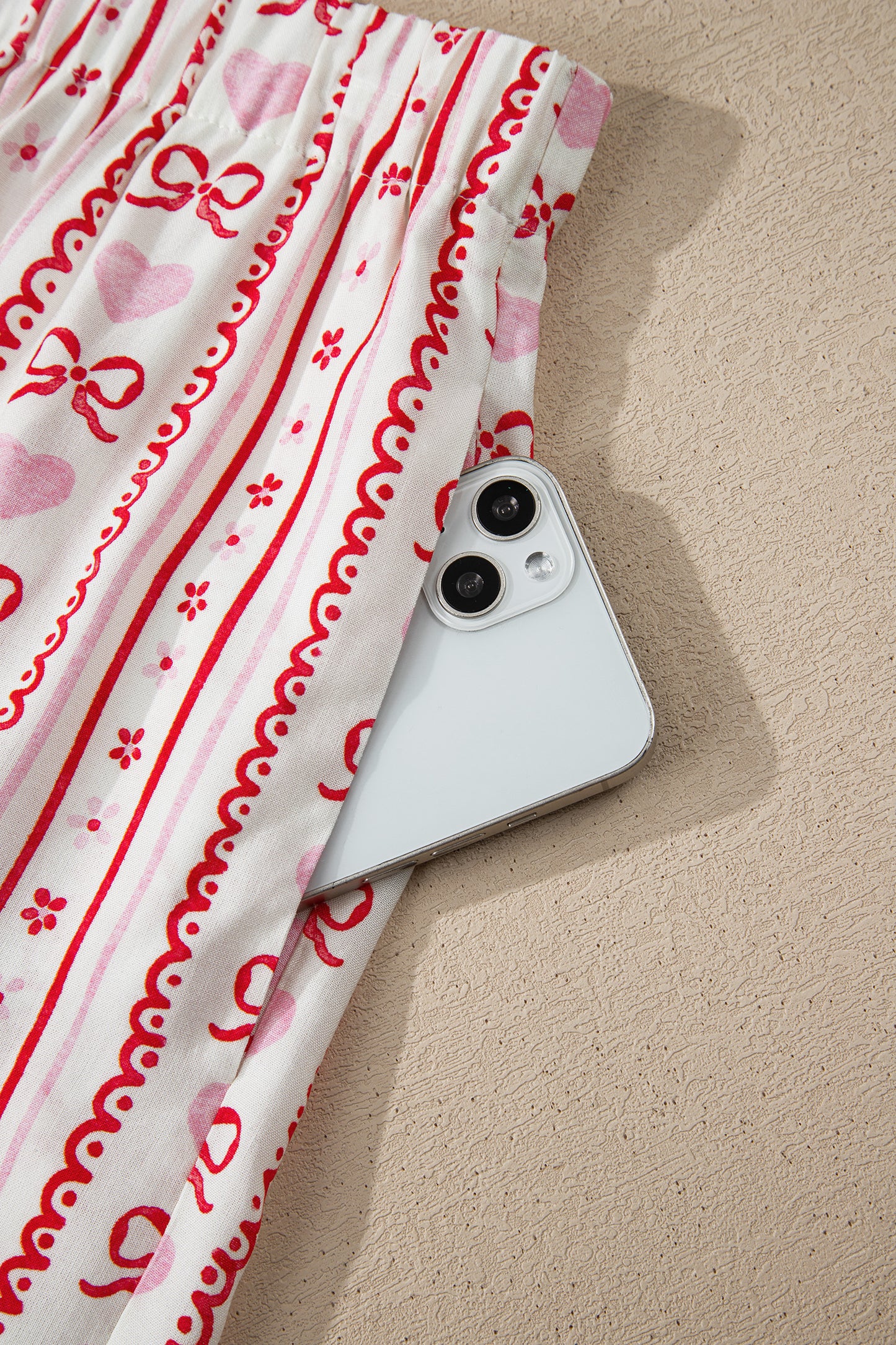 Bow Heart Print Ribbon Decor Short Pajama Set - Red