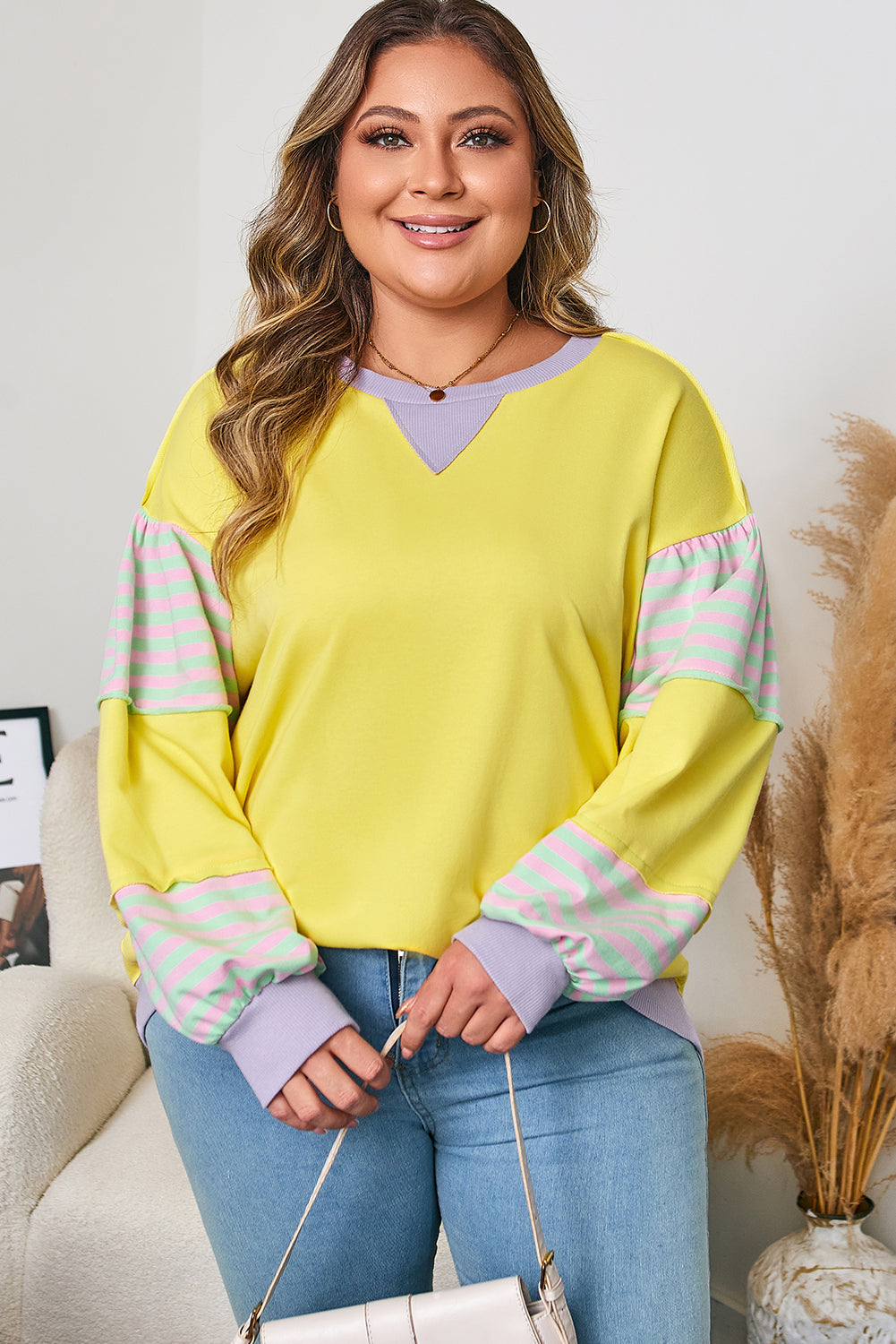 Striped Color Block Patchwork Crewneck Plus Size Pullover Sweatshirt