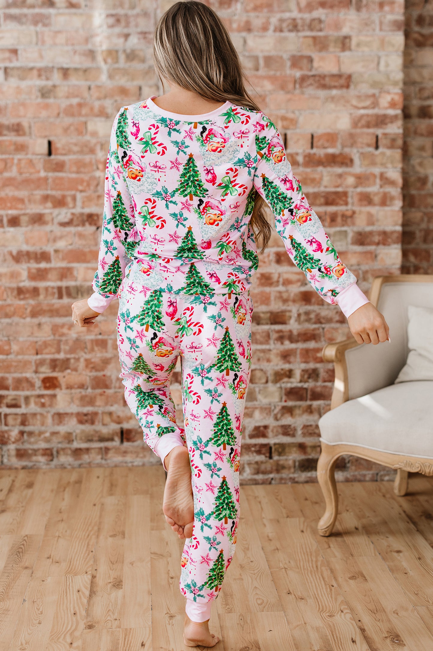 Pink Christmas Pattern Button V Neck Pullover and Drawstring Pants Lounge Set