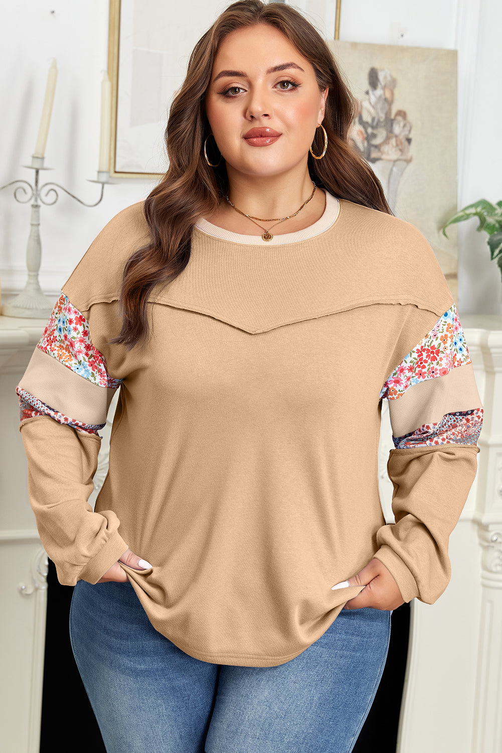Exposed Seam Floral Mixed Patchwork Relaxed Plus Size Top