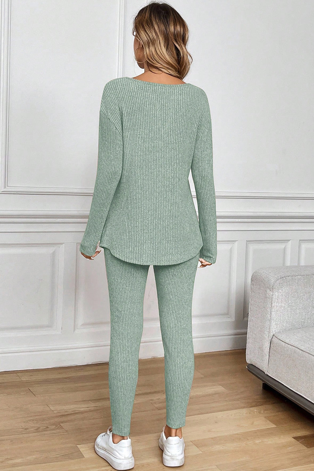 Grass Green Ribbed Notched Neck Knit Long Sleeve and Leggings Lounge Set
