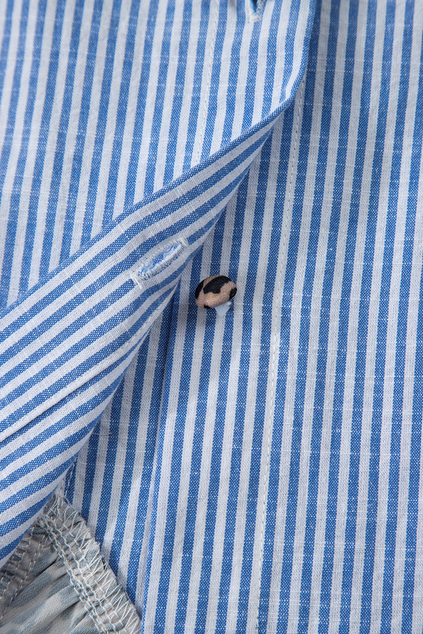 Sky Blue Stripe Contrast Frilled Leopard Trim Casual Long Sleeve Shirt