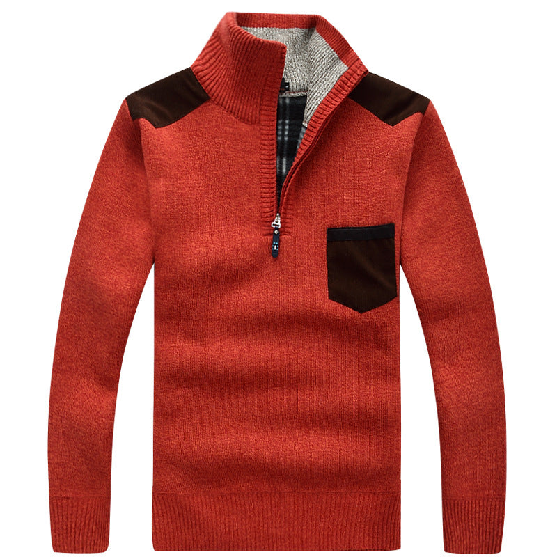 Men's Knitted Wool Fleece Thick Casual Pullover Patchwork Warm Pocket  Standing Collar Sweater