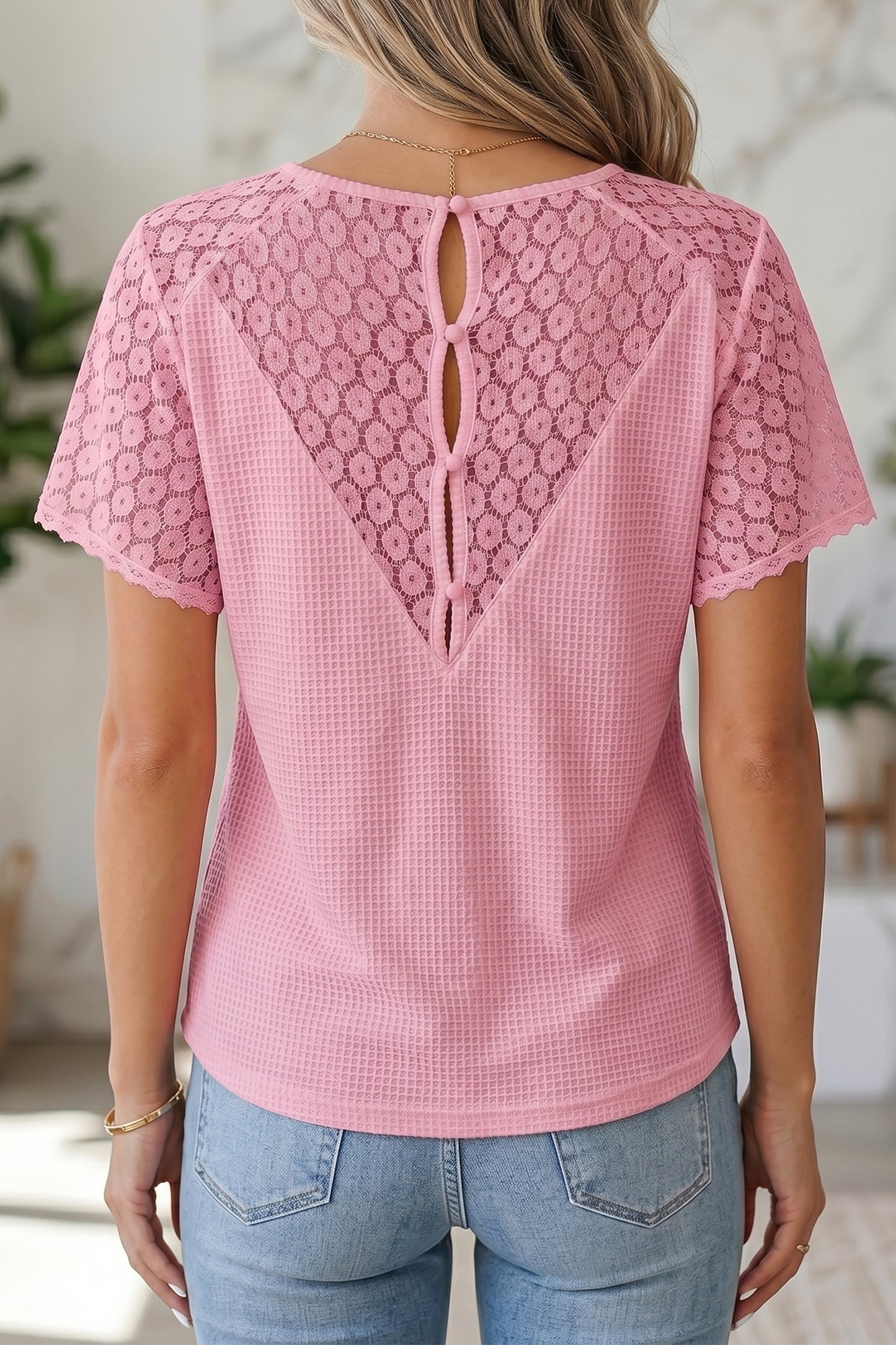 Lace Trim Button Cutout V-Neck Waffle Knit Blouse