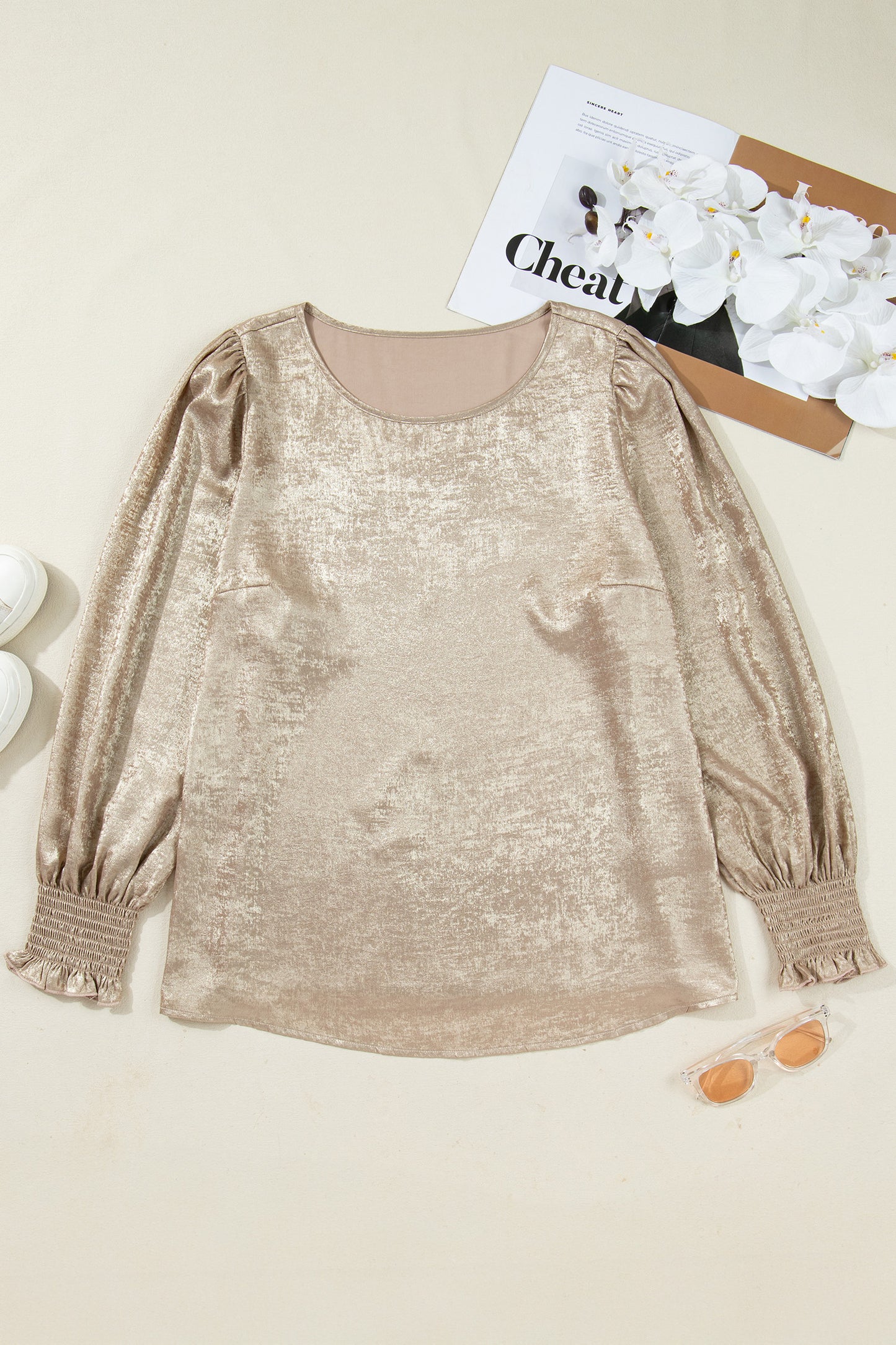 Plus Size Metallic Long Flounce Sleeve Blouse
