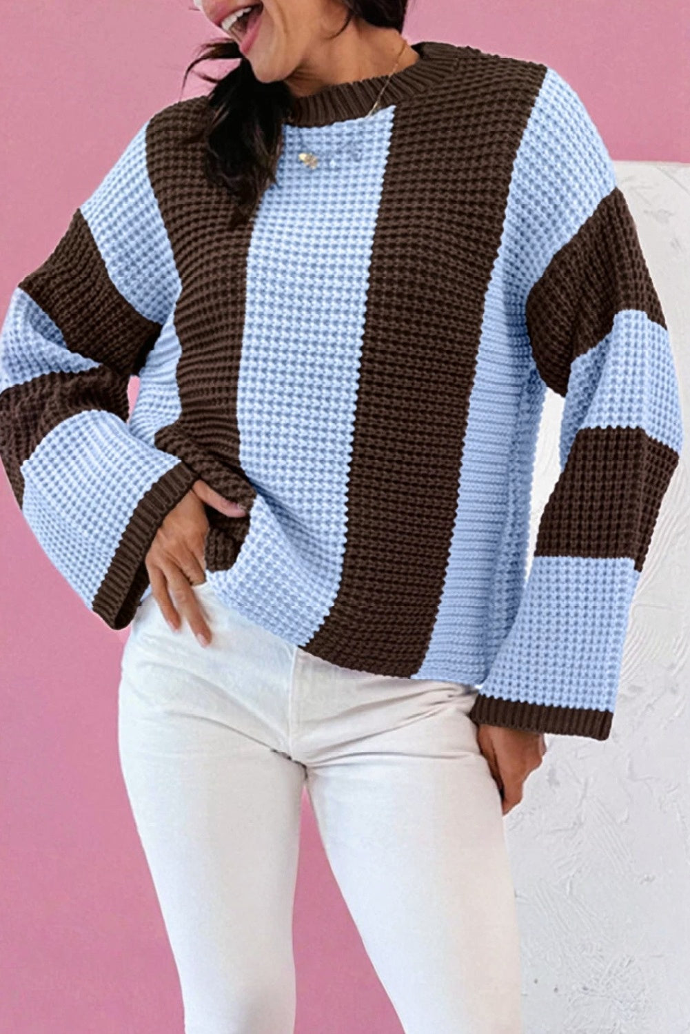 Striped Color Block Thermal Textured Knit Drop Shoulder Sweater - Myosotis