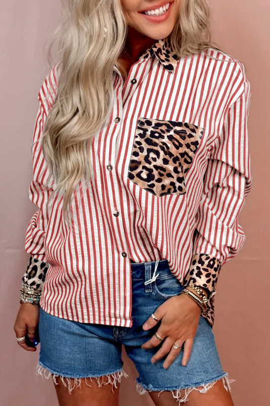 Striped Leopard Print Patchwork Button Up Shirt