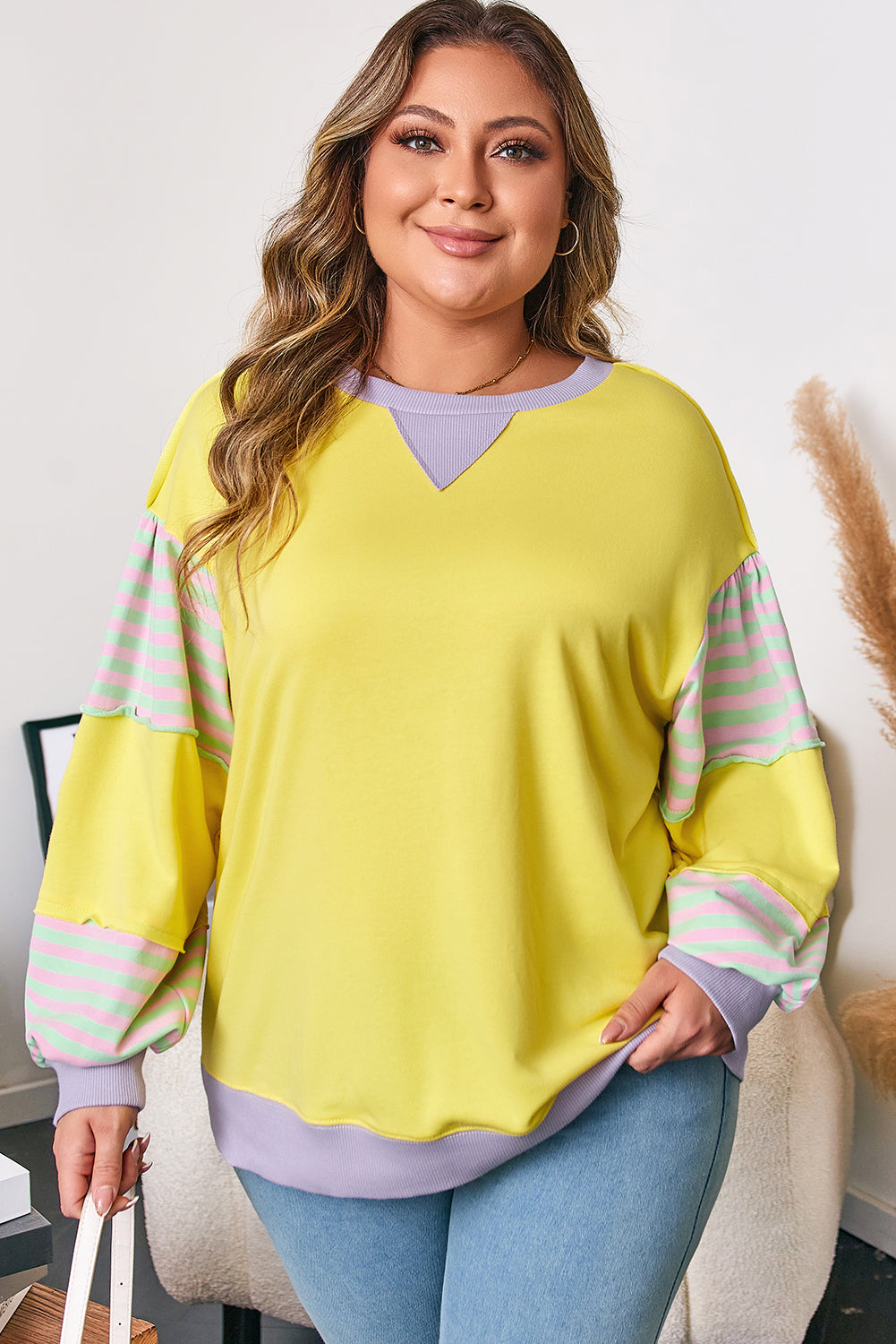 Striped Color Block Patchwork Crewneck Plus Size Pullover Sweatshirt